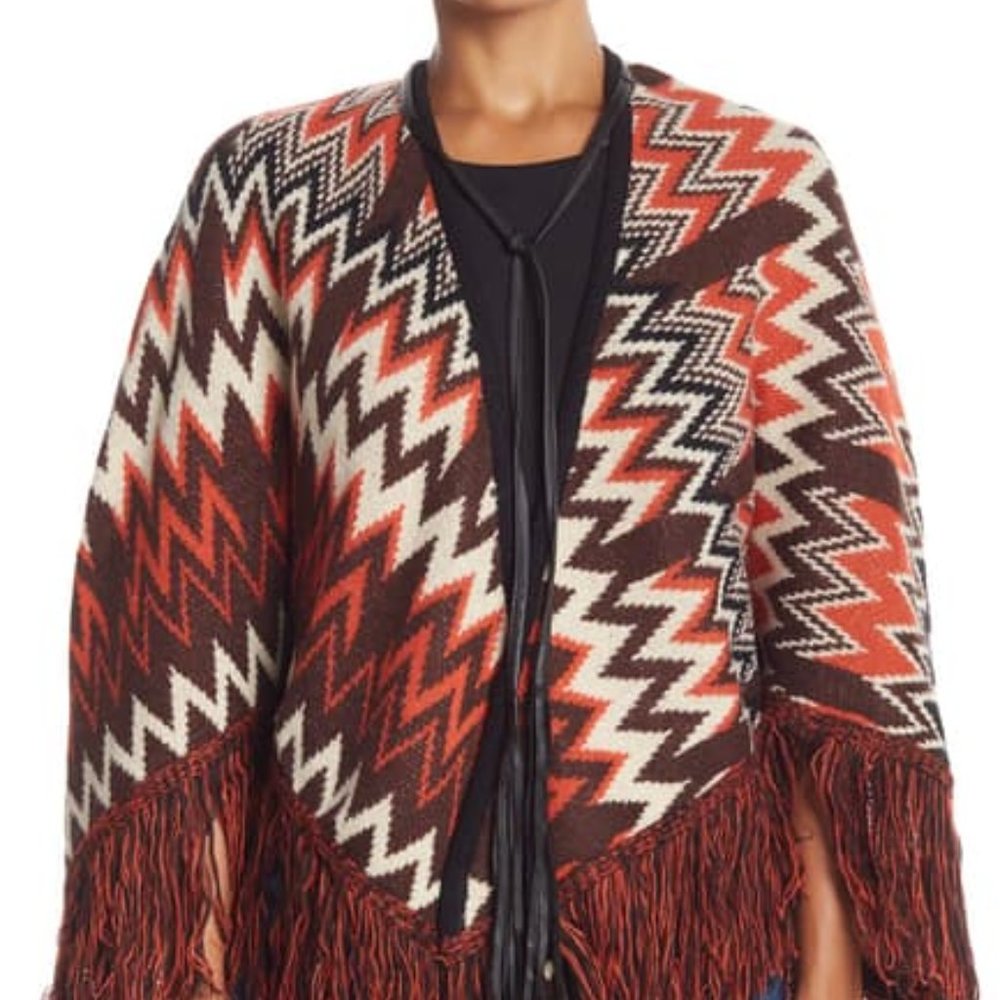 NEW Vertigo Women Fringe Trim Cape Poncho L-XL